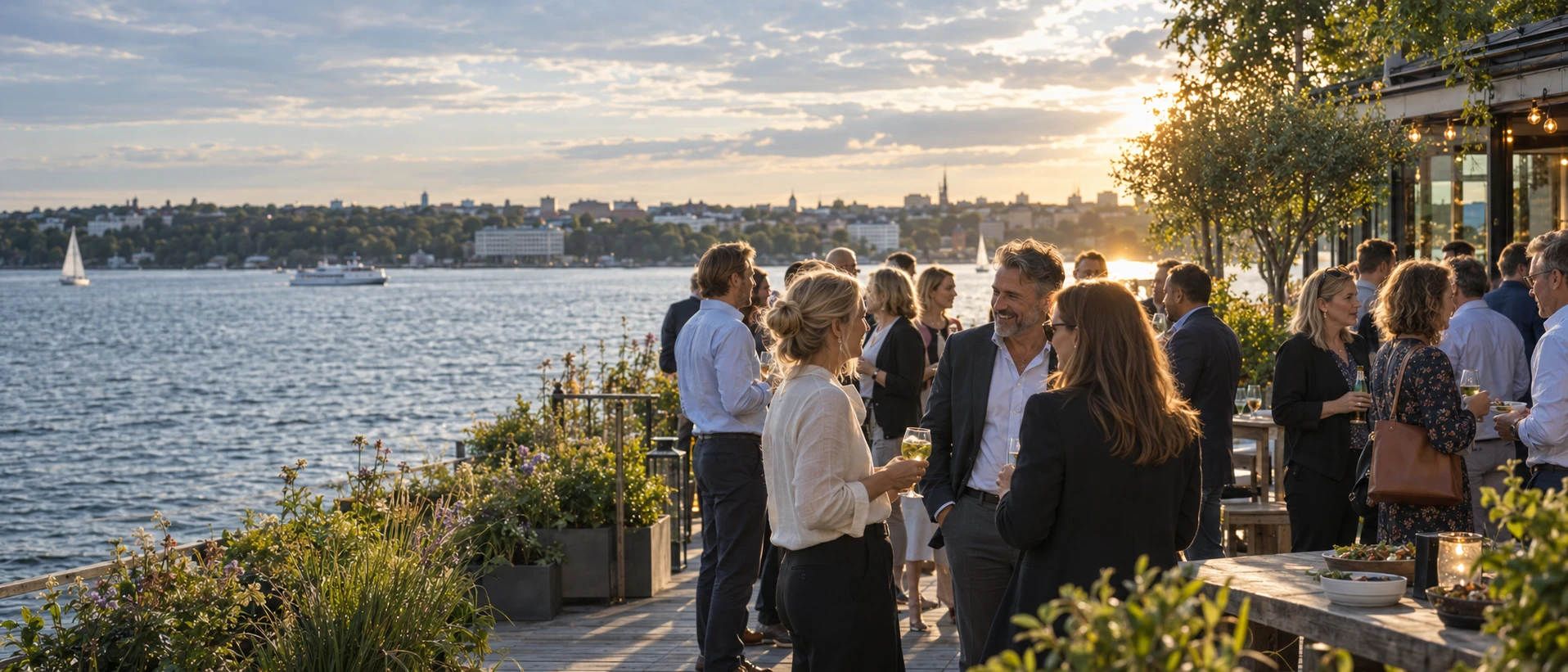 Kollegor minglar vid dukade bord en ljus sommarkväll i Stockholm