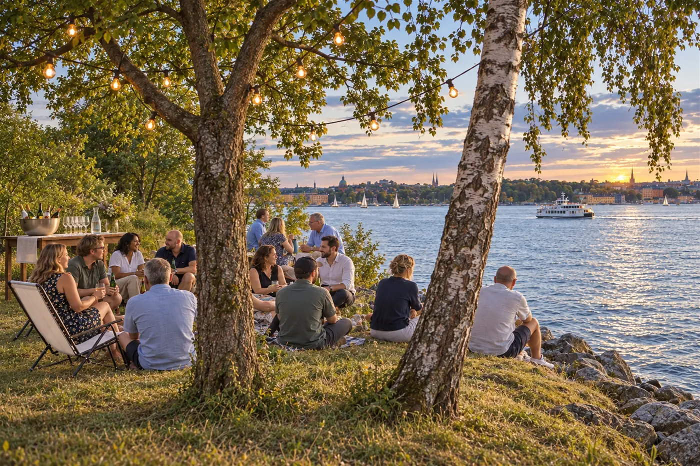 Kollegor sitter i gräset under björkar med ljusslingor vid vattnet en sommarkväll, med Stockholms siluett i solnedgången.